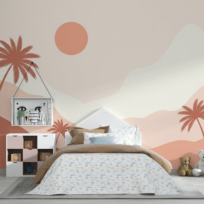 Børneværelse tapet | Minimalistisk landskab med palmer og blid sol