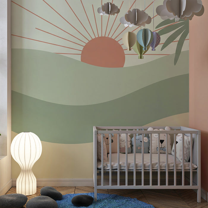 Barntapet | Minimalistisk landskap med sol och palmer