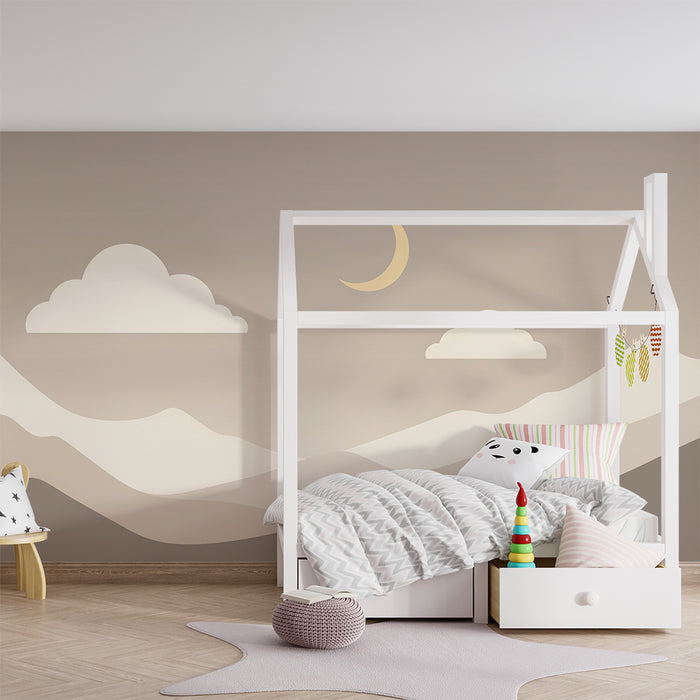 Papel de parede quarto bebê | Paisagem suave de montanha com nuvens e lua