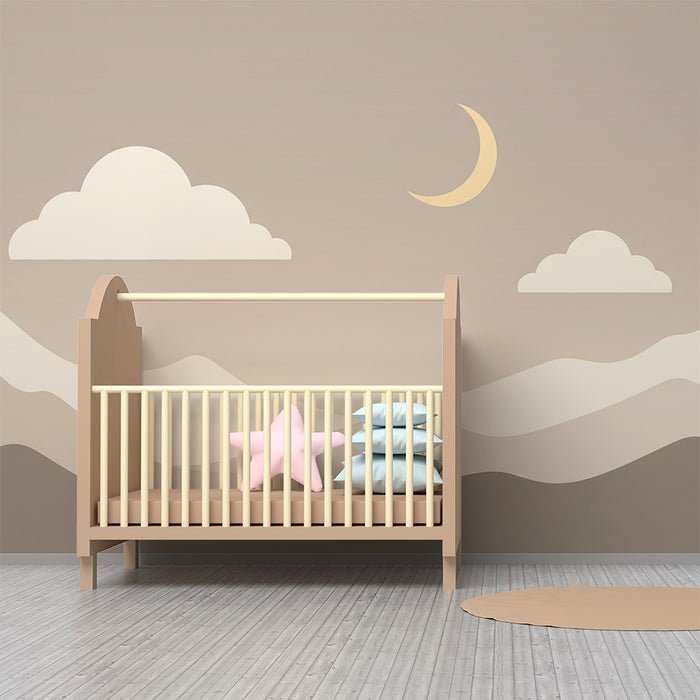 Papel de parede quarto bebê | Paisagem suave de montanha com nuvens e lua