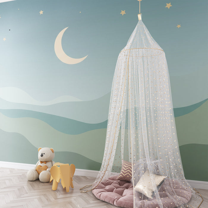 Χαρτί τοίχου για το δωμάτιο του μωρού | Ηρεμητικό νυχτερινό τοπίο με φεγγάρι και αστέρια