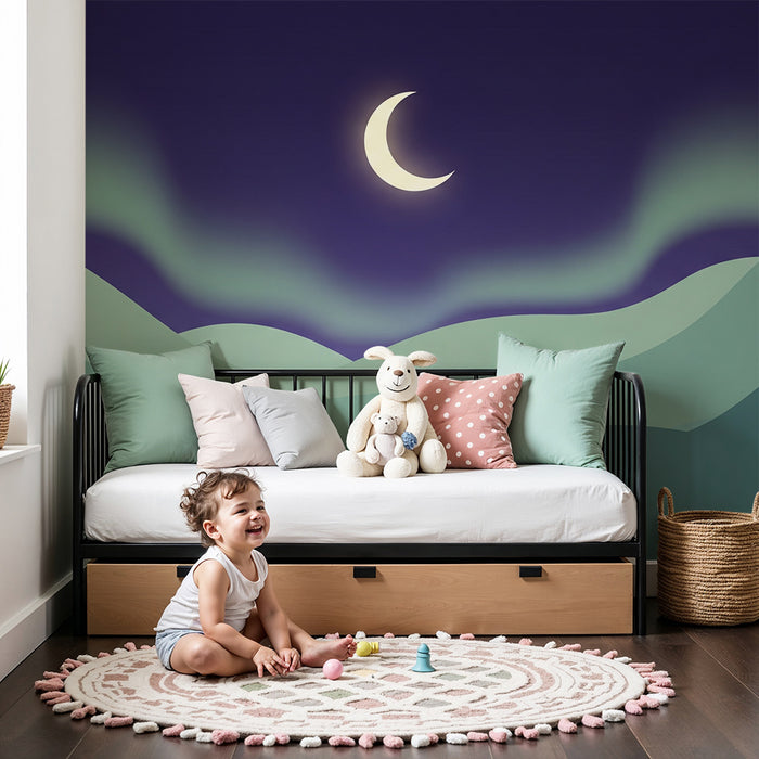 Tapet za detska staia | Nocturnal peizazh s luna i nezhni hŭlmi