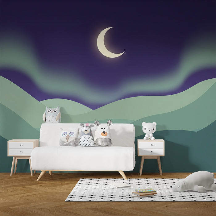Tapet za detska staia | Nocturnal peizazh s luna i nezhni hŭlmi