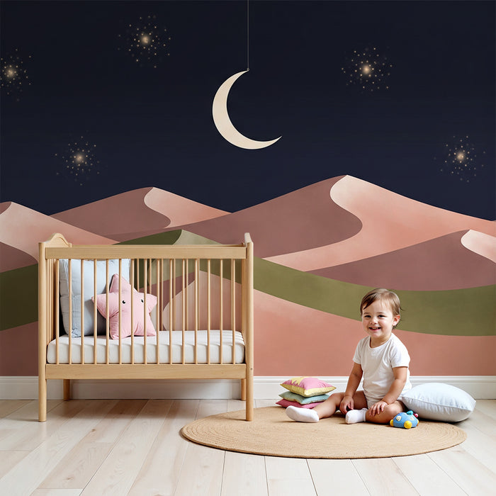 Papel de parede quarto bebê | Paisagem noturna com lua e dunas de areia