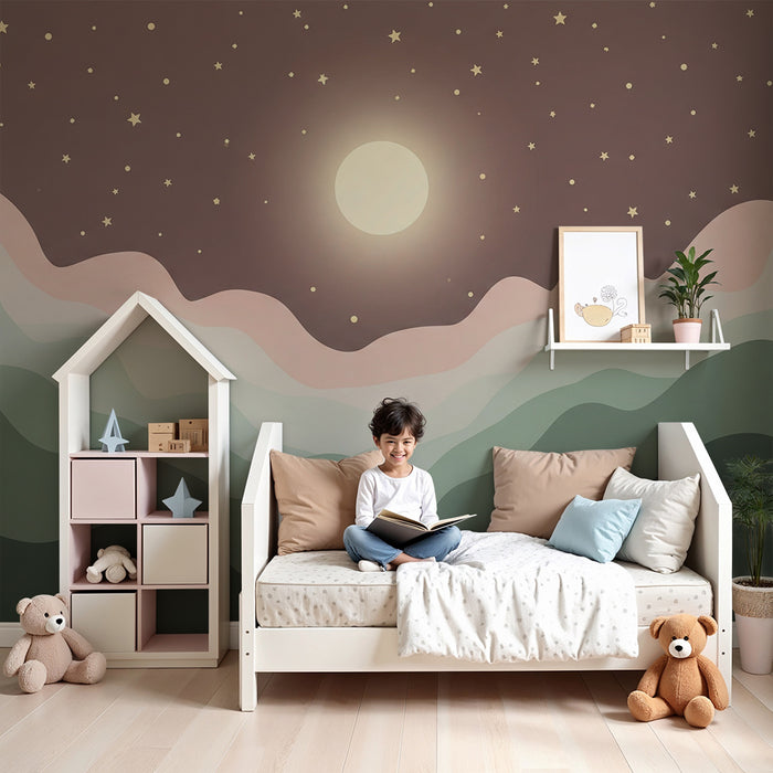 Papel de parede quarto bebê | Nočna krajina z luno in zvezdami