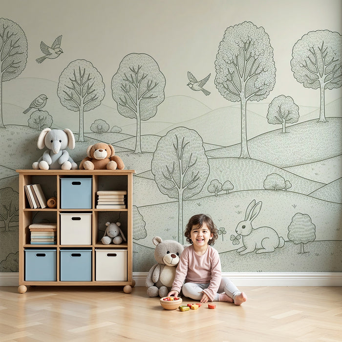 Papier peint chambre bébé | Paysage paisible avec lapins et oiseaux en pleine nature