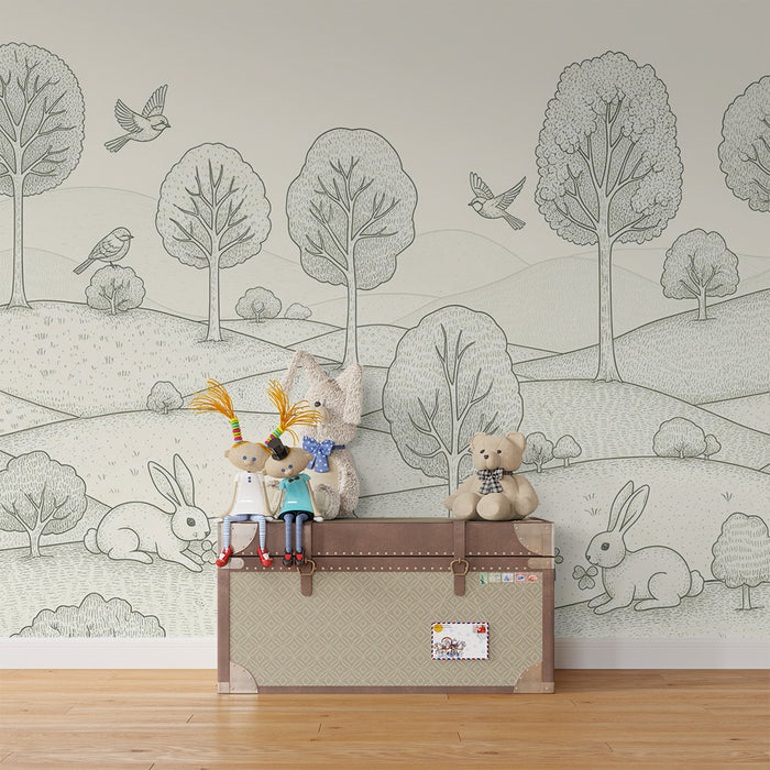 Papier peint chambre bébé | Paysage paisible avec lapins et oiseaux en pleine nature