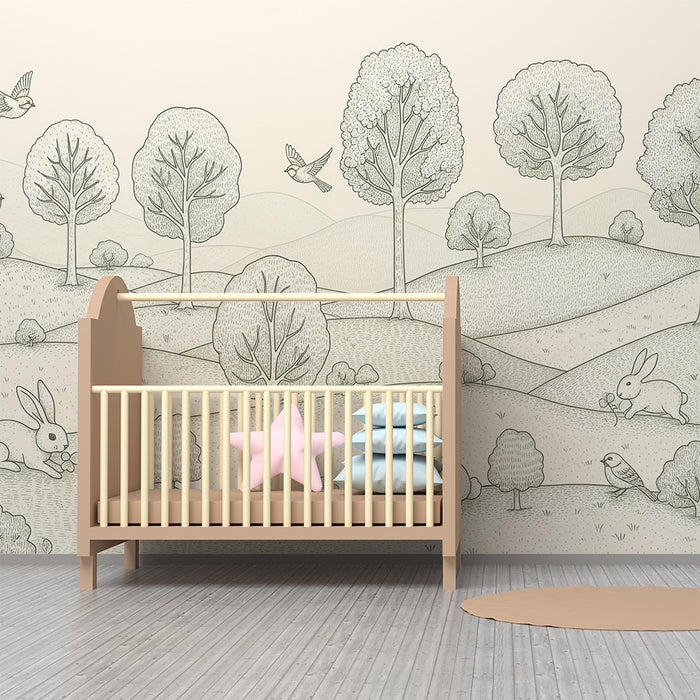 Papier peint chambre bébé | Paysage paisible avec lapins et oiseaux en pleine nature