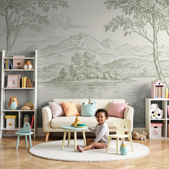 Tapete fürs Babyzimmer | Ruhige Landschaft mit Bergen und See