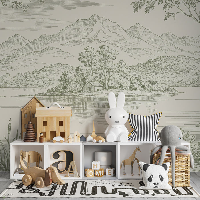 Tapete fürs Babyzimmer | Ruhige Landschaft mit Bergen und See