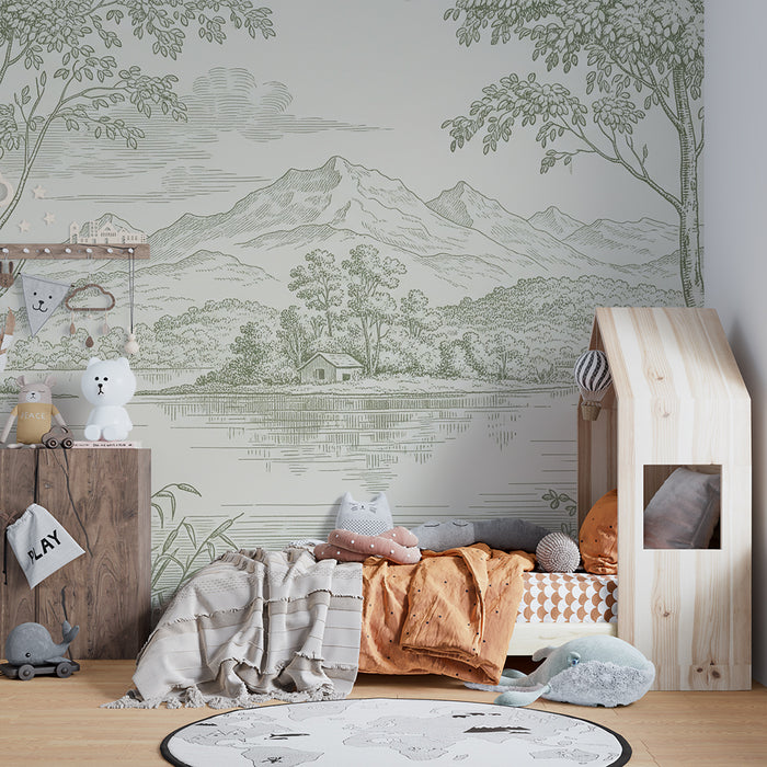 Tapete fürs Babyzimmer | Ruhige Landschaft mit Bergen und See