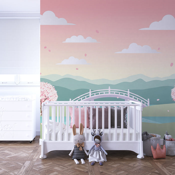 Papel de parede quarto bebê | Paisagem de primavera com cerejeiras em flor e ponte