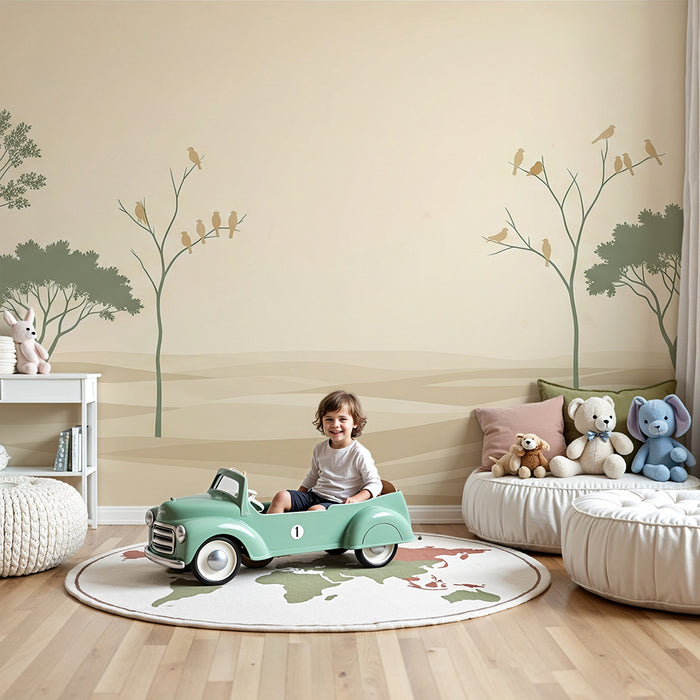 Papel pintado para habitación de bebé | Paisaje sereno con árboles y pájaros en tonos suaves
