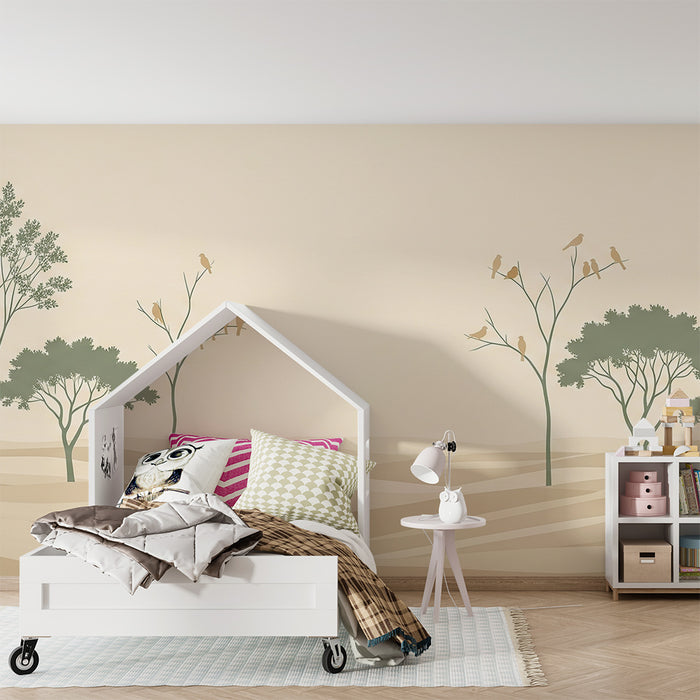 Papel pintado para habitación de bebé | Paisaje sereno con árboles y pájaros en tonos suaves