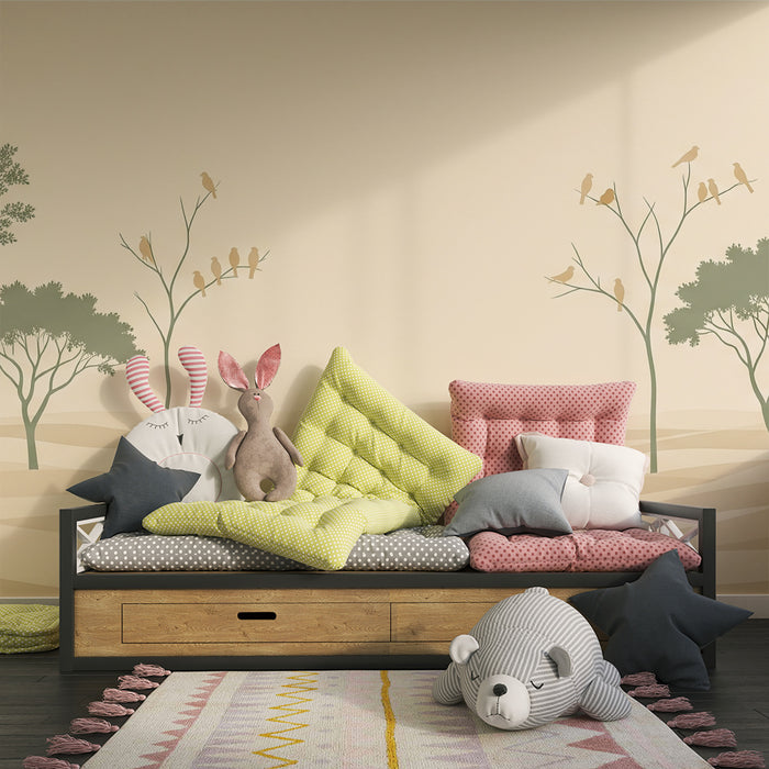 Papel pintado para habitación de bebé | Paisaje sereno con árboles y pájaros en tonos suaves