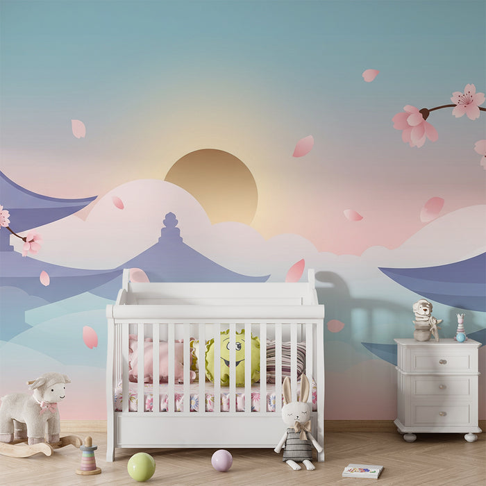 Papel de parede quarto bebê | Miran pejzaž s cvjetajućim trešnjama i hramovima u oblacima