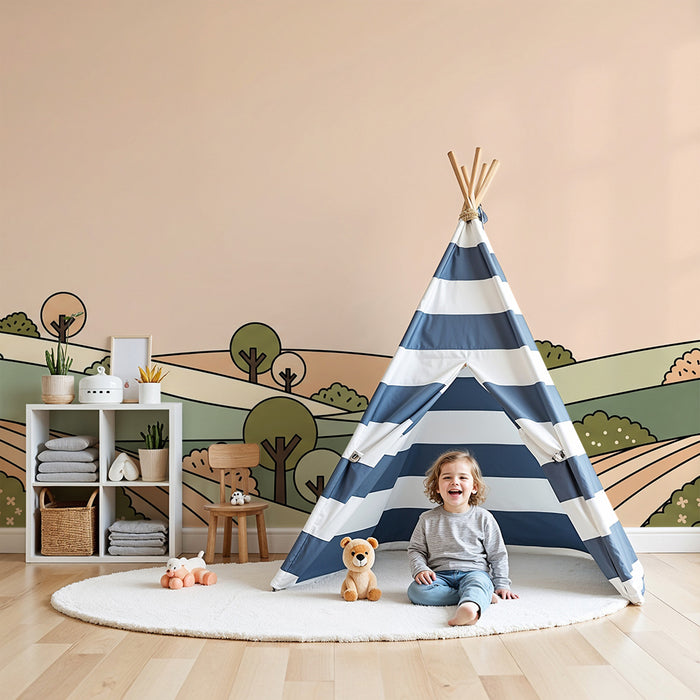 Baby room wallpaper | Soft landscape with stylized hills and trees