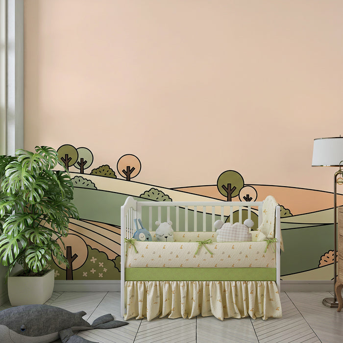 Baby room wallpaper | Soft landscape with stylized hills and trees