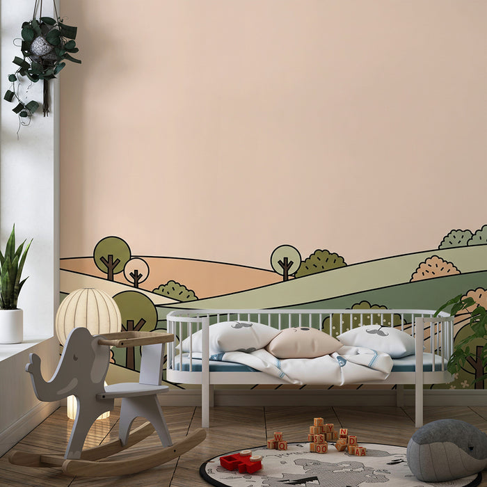 Baby room wallpaper | Soft landscape with stylized hills and trees