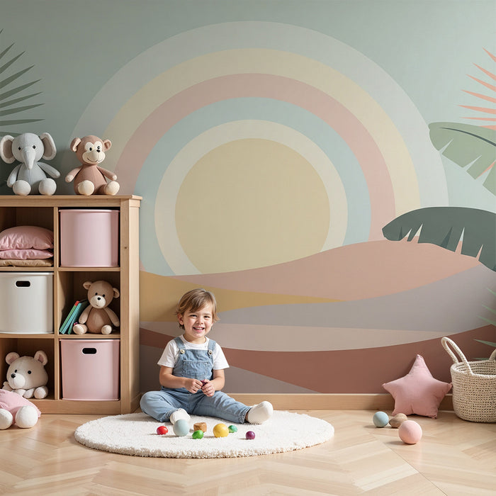 Papel de parede quarto bebê | Paisagem tropical suave com arco-íris pastel
