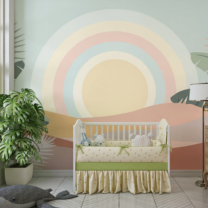 Papel de parede quarto bebê | Paisagem tropical suave com arco-íris pastel