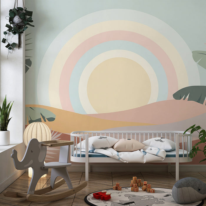Papel de parede quarto bebê | Paisagem tropical suave com arco-íris pastel
