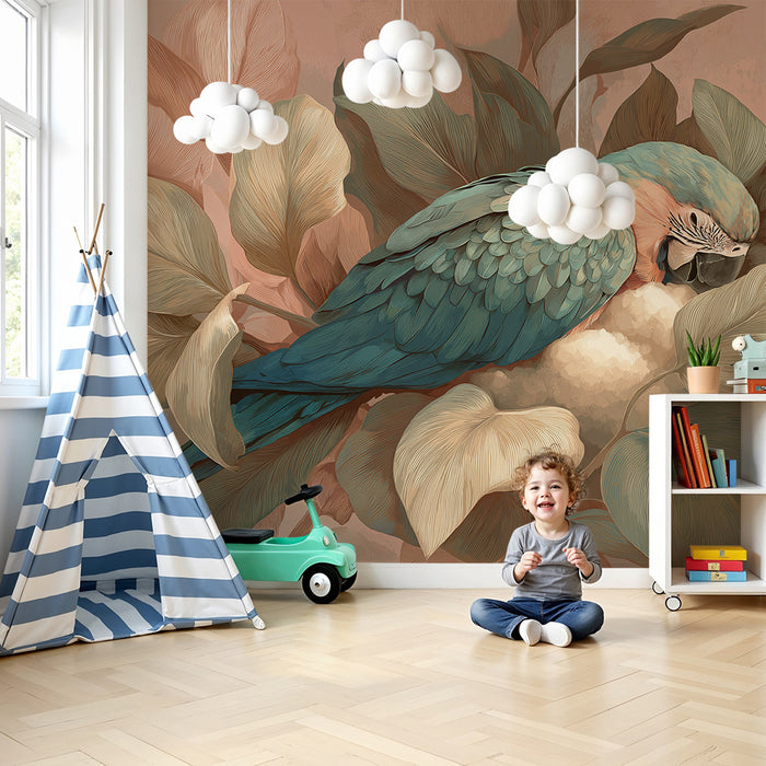 Nursery room wallpaper | Színes papagáj pihenő dús leveleken