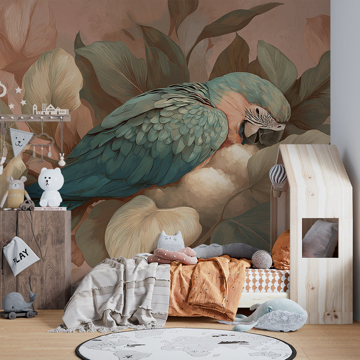 Nursery room wallpaper | Színes papagáj pihenő dús leveleken