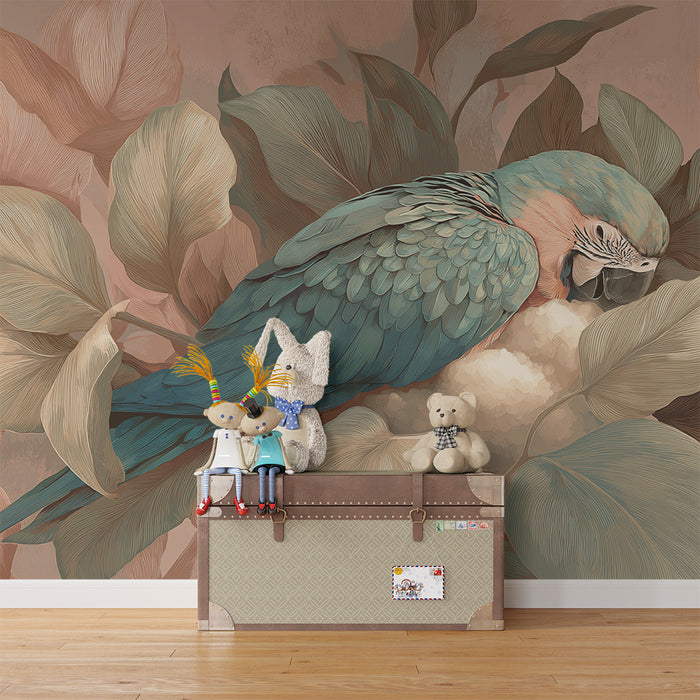 Nursery room wallpaper | Színes papagáj pihenő dús leveleken