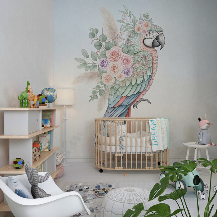 Babykamer behang | Elegante papegaai omringd door delicate bloemen