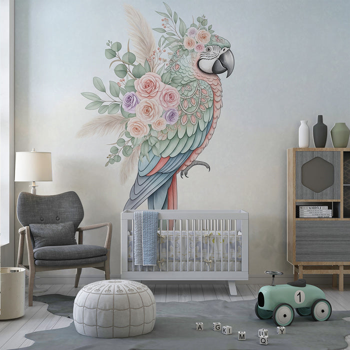 Babykamer behang | Elegante papegaai omringd door delicate bloemen