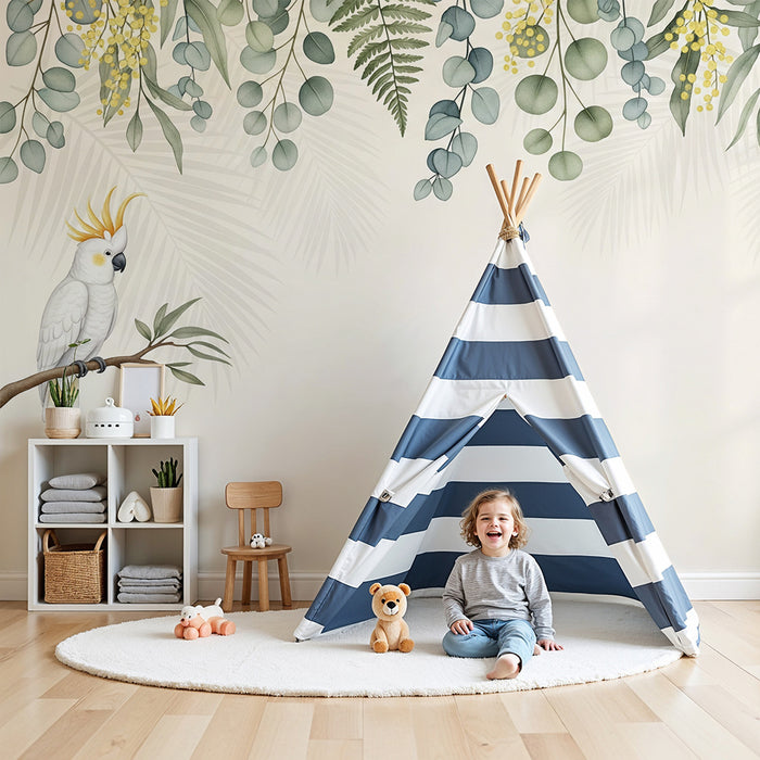 Tapeta dětského pokoje | Papoušek a jemné tropické listí