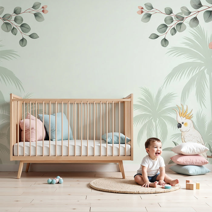 Papel de parede quarto bebê | Papagaios e palmeiras numa atmosfera tropical suave
