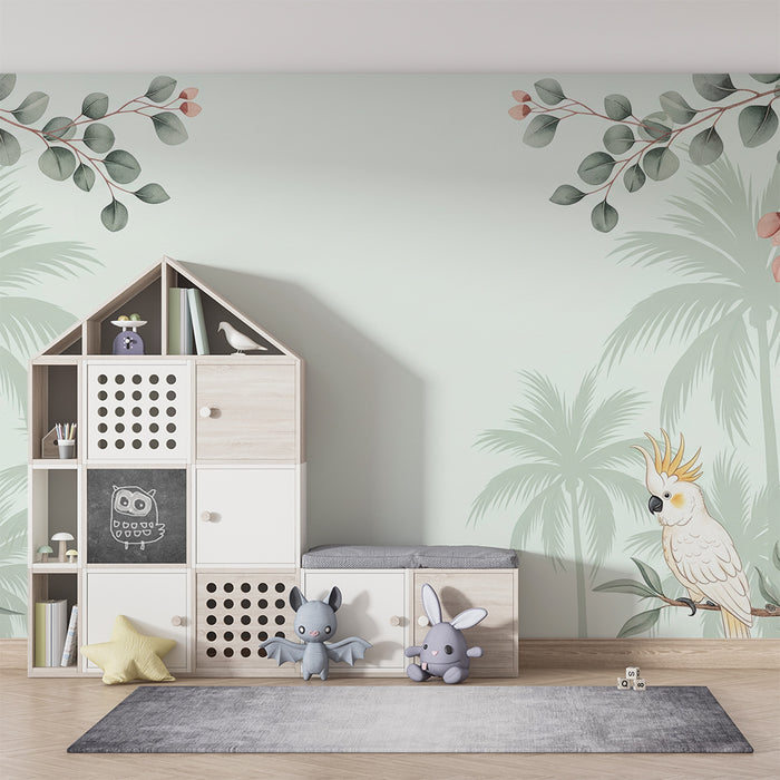 Papel de parede quarto bebê | Papagaios e palmeiras numa atmosfera tropical suave