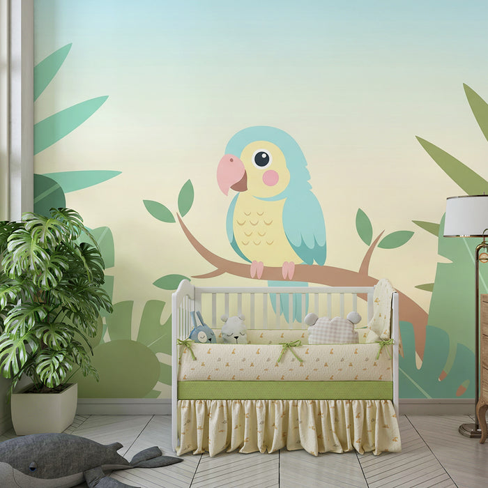 Papel de parede quarto bebê | Papagaio fofo empoleirado numa selva colorida