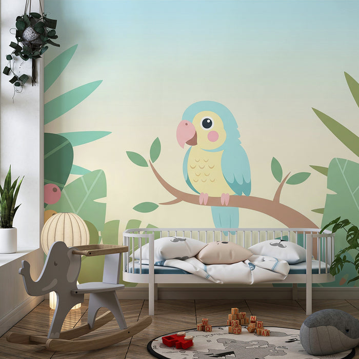 Papel de parede quarto bebê | Papagaio fofo empoleirado numa selva colorida