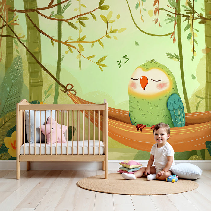 Babykamer behang | Rustige papegaai in een weelderige jungle