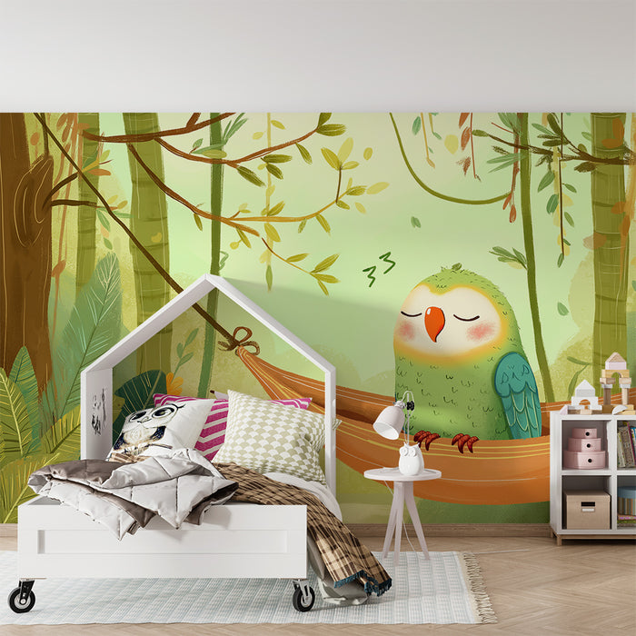 Babykamer behang | Rustige papegaai in een weelderige jungle