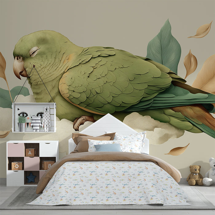 Papel de parede quarto bebê | Ήρεμος παπαγάλος σε σύννεφο με λεπτά φύλλα