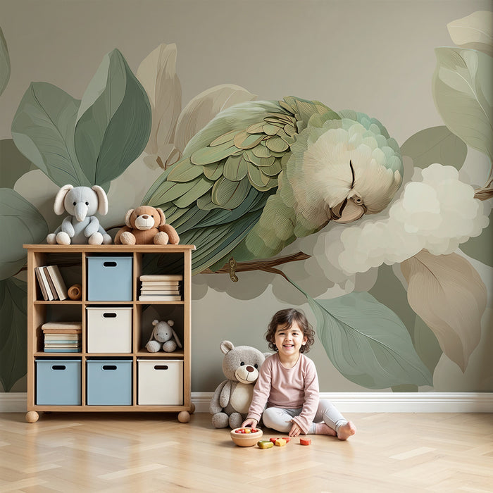 Papel pintado para habitación de bebé | Periquito tranquilo sobre una rama floral