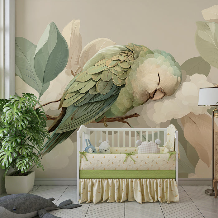 Papel pintado para habitación de bebé | Periquito tranquilo sobre una rama floral