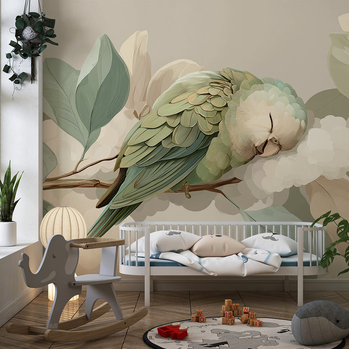 Papel pintado para habitación de bebé | Periquito tranquilo sobre una rama floral