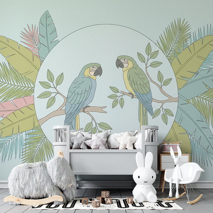 Børneværelse tapet | Farverige papegøjer og tropiske blade i en beroligende ramme