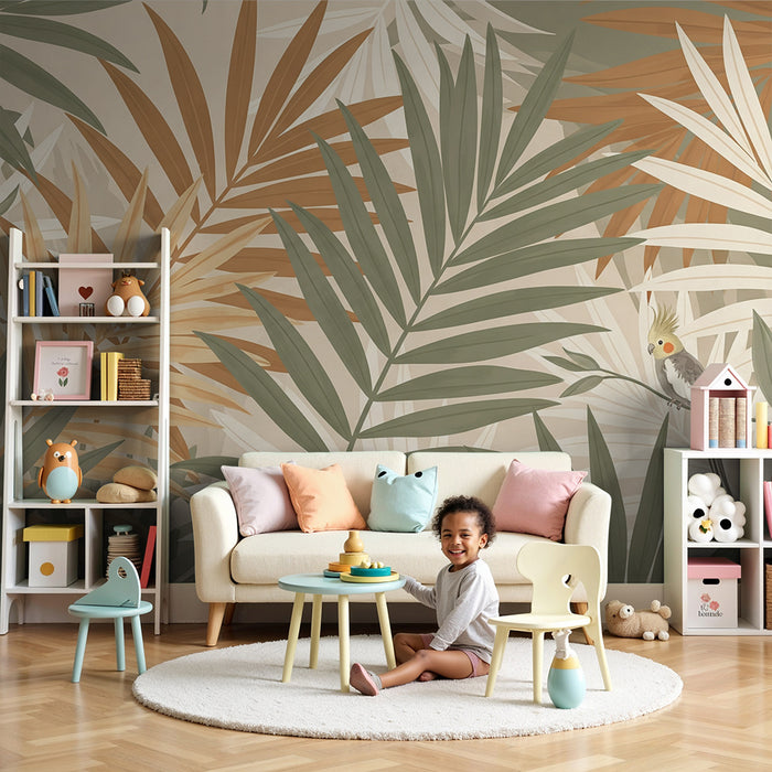 Papier peint chambre bébé | Perroquets et feuillages tropicaux dans des tons doux