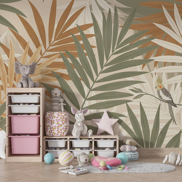 Papier peint chambre bébé | Perroquets et feuillages tropicaux dans des tons doux