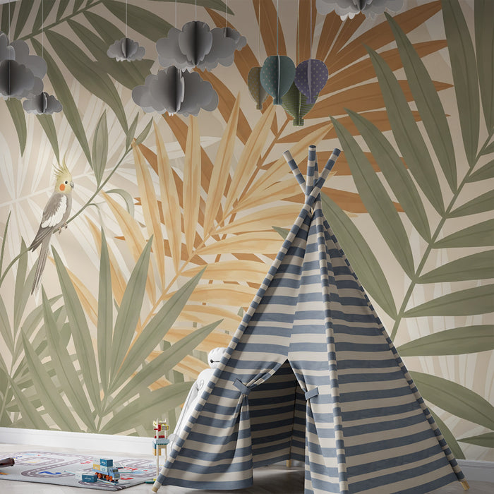 Papier peint chambre bébé | Perroquets et feuillages tropicaux dans des tons doux