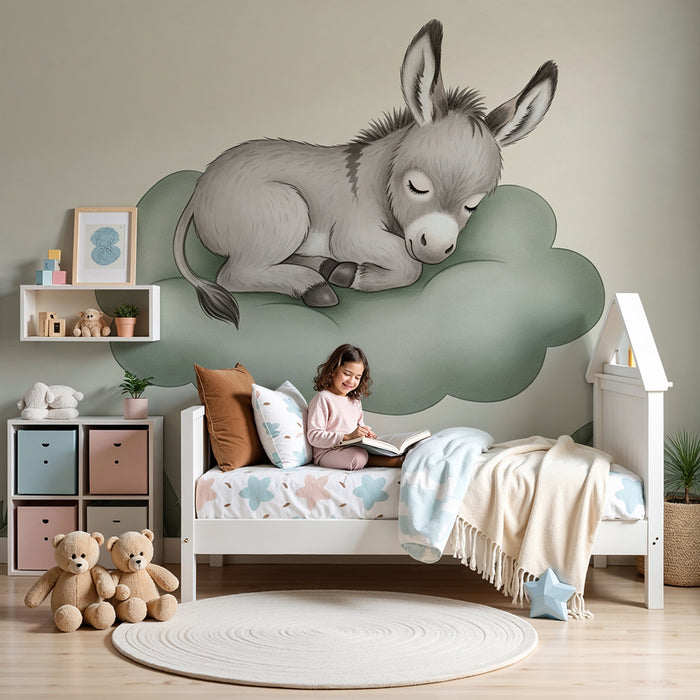 Papel de parede quarto bebê | Pequeno burro dormindo em uma nuvem