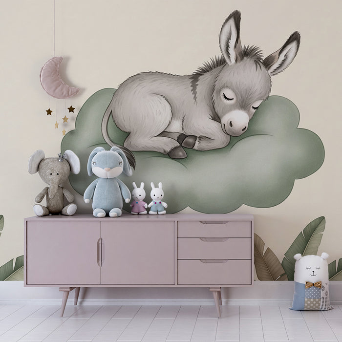 Papel de parede quarto bebê | Pequeno burro dormindo em uma nuvem