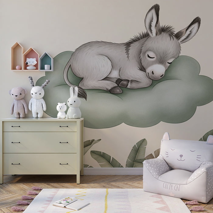 Papel de parede quarto bebê | Pequeno burro dormindo em uma nuvem