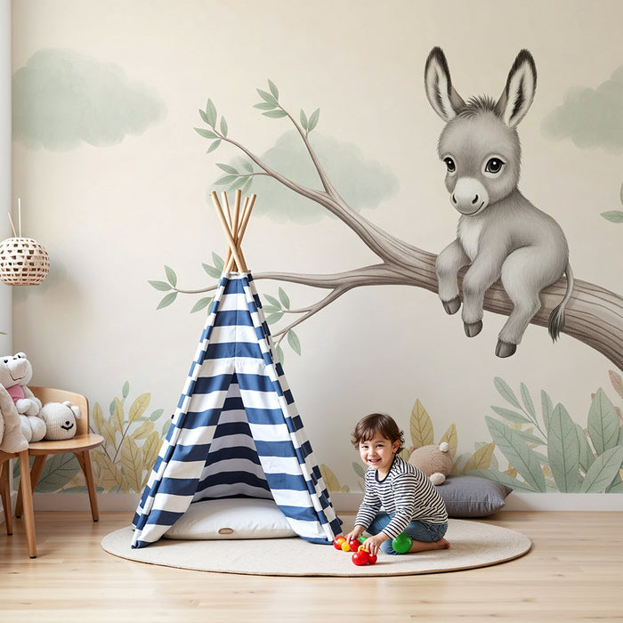 Papier peint chambre bébé | Petit âne sur une branche